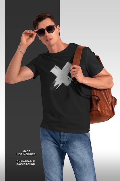 T-shirt mockup isolated man with backpack and sunglasses on changeable background