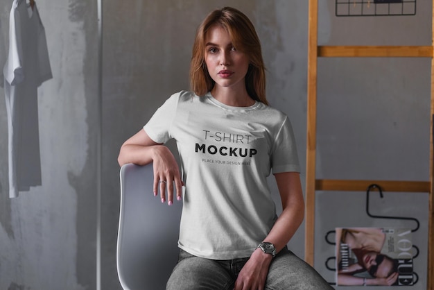 T-Shirt mockup stylish girl in loft studio