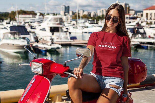 PSD t-shirt mockup stylish girl on scooter