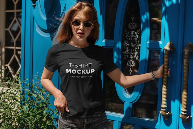 T-Shirt mockup stylish girl on street