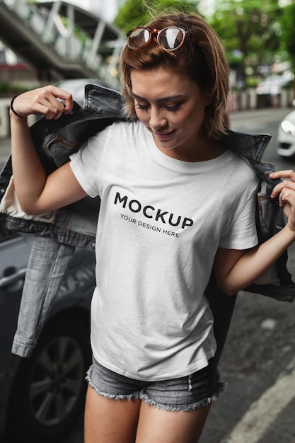 T-Shirt mockup stylish girl walking on the street