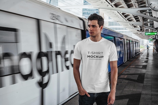 T-Shirt mockup stylish man in subway