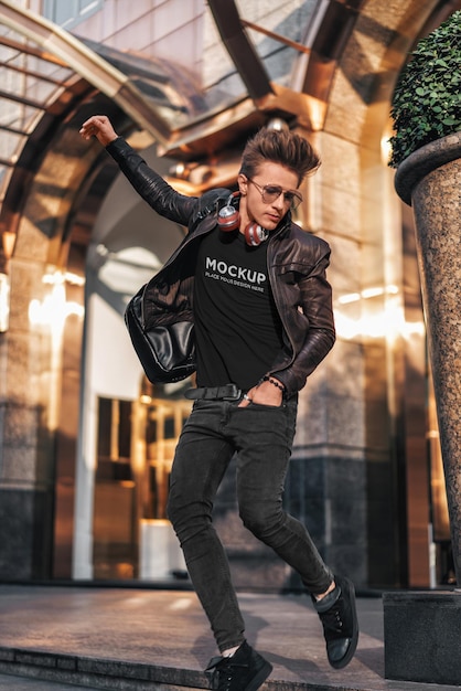 T-Shirt mockup stylish man with headphones jumping