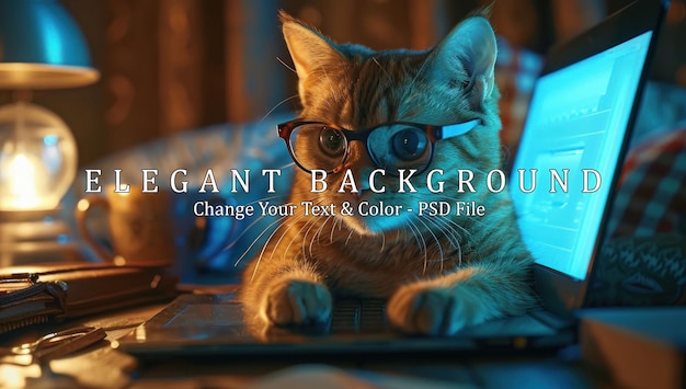 PSD a tabby cat in glasses using a laptop