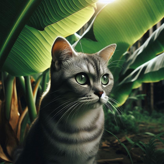 A tabby gray cat outlined by a banana leaf looking at something unidentified The cat has green eyes