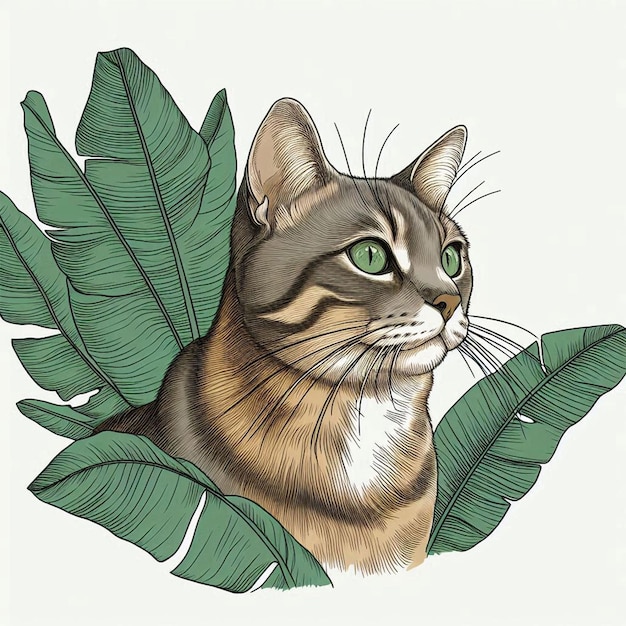 PSD a tabby gray cat outlined by a banana leaf looking at something unidentified the cat has green eyes