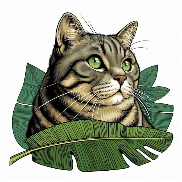 PSD a tabby gray cat outlined by a banana leaf looking at something unidentified the cat has green eyes