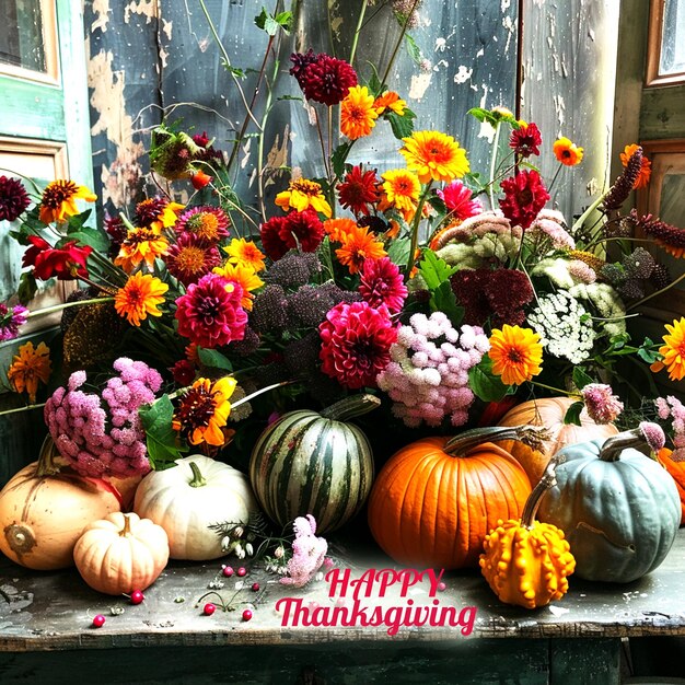 PSD a table full of pumpkins flowers and pumpkins for thanksgiving