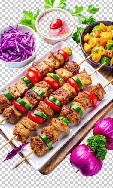 table on plates kebabs on skewers transparent background