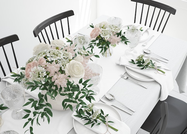 PSD table prepared to eat with cutlery and decorative flowers