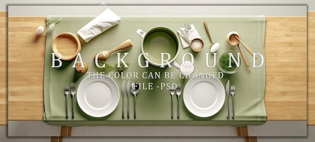 PSD table setting with green tablecloth and wooden elements