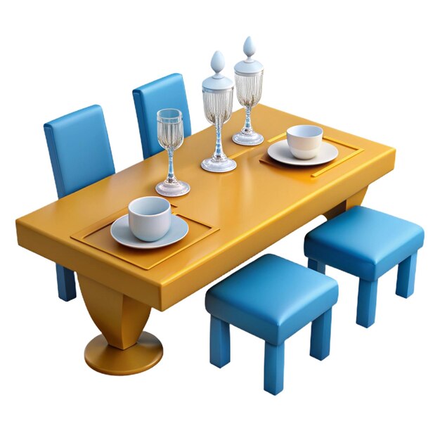 a table with blue chairs and a plate with cups and plates on it