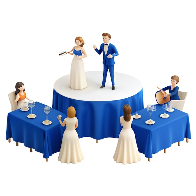 PSD a table with a blue table cloth and a man in a tuxedo on it