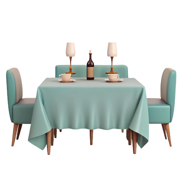 a table with a blue tablecloth and a bottle of wine on it