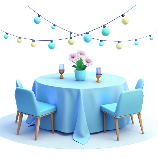 PSD a table with a blue tablecloth and chairs with a blue tablecloth