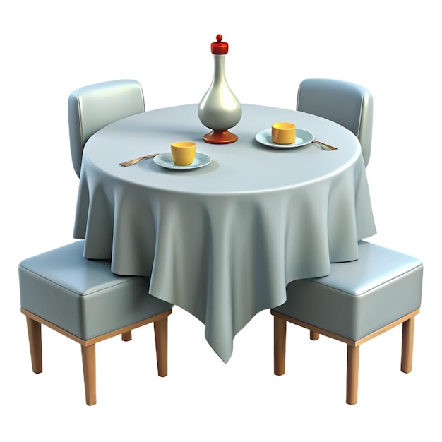 a table with a blue tablecloth and a plate of food on it