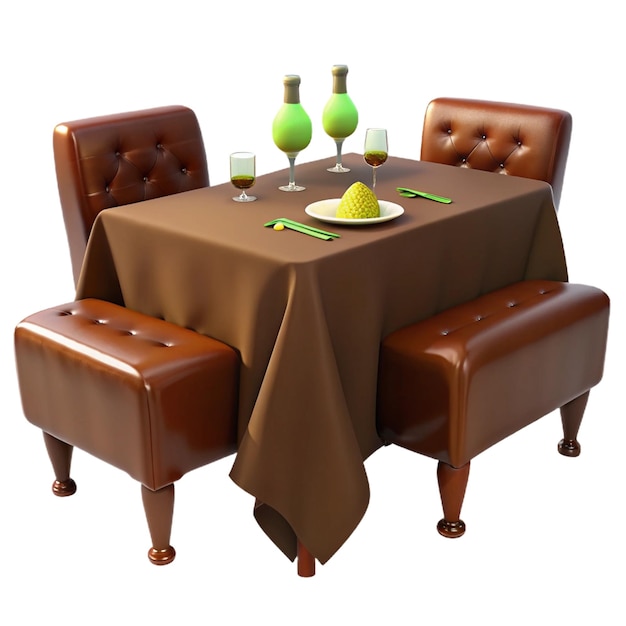 PSD a table with a brown tablecloth and two chairs with a tablecloth on it