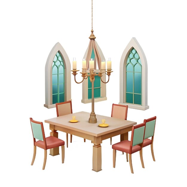 PSD a table with chairs and a chandelier with a window above it