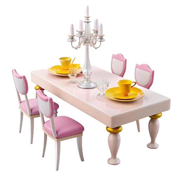 PSD a table with chairs and a table with a pink tablecloth and a pink napkin and a plate with a napkin o