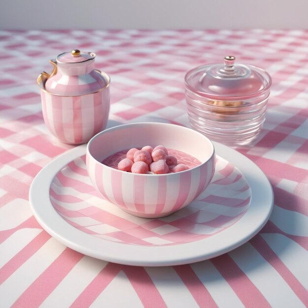 PSD a table with pink and white striped tablecloth and pink and white polka dot tablecloth