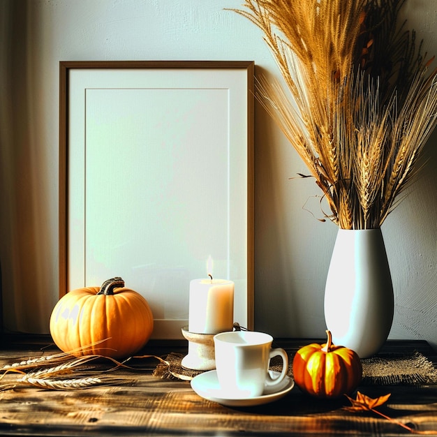 a table with pumpkins and a candle background