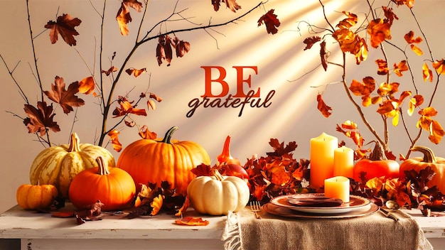 A table with pumpkins and with the words be grateful for thanksgiving festive background