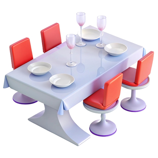 a table with red chairs and a table with plates and wine glasses on it