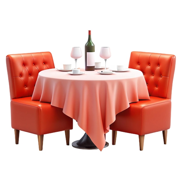 a table with red chairs and a table with a red tablecloth