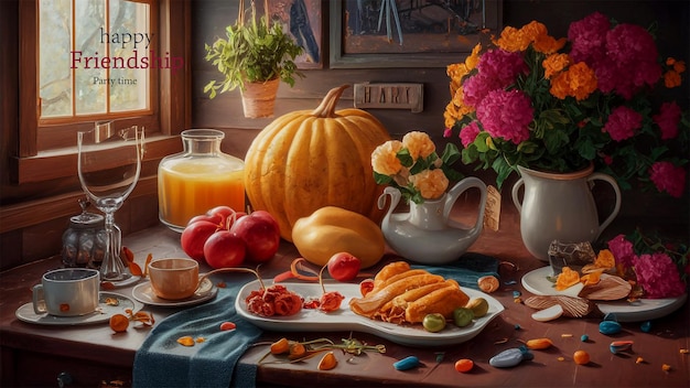 a table with a table with a pumpkin flowers and a picture of a pumpkin