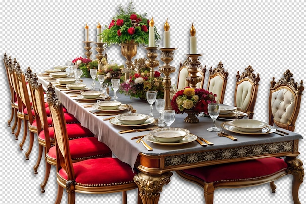 a table with a table with a tablecloth and a placemat with a bunch of plates and candles