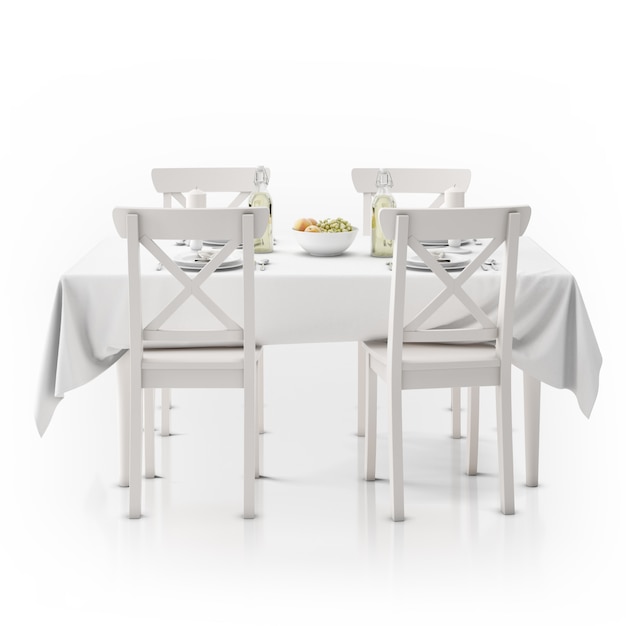 Table with tablecloth, dishware and chairs