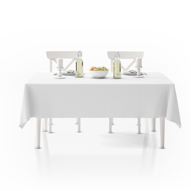 Table with tablecloth, dishware and chairs