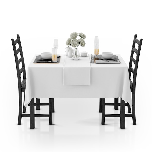 Table with tablecloth, dishware and chairs