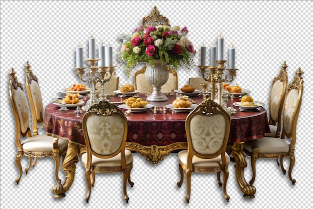 PSD a table with a tablecloth and a vase with flowers on it