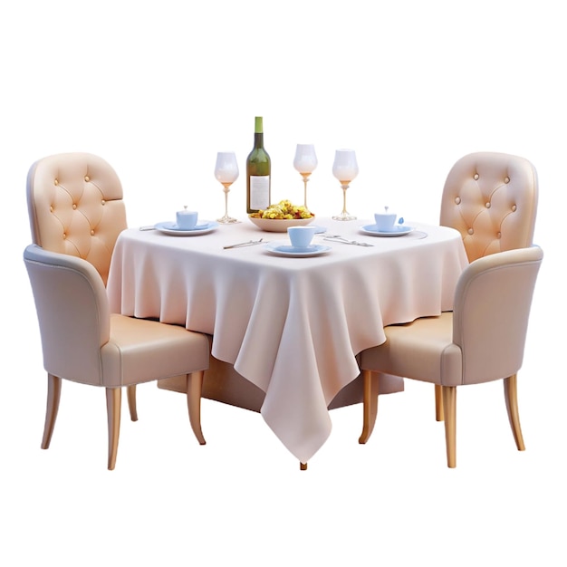 a table with two chairs and a table with a bottle of wine and a plate of food on it