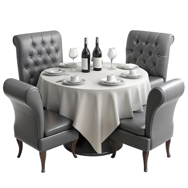 a table with two chairs and a table with wine glasses and a white tablecloth