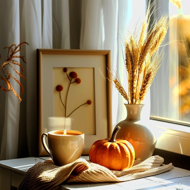 a table with a vase and a pumpkin and a vase with flowers on it