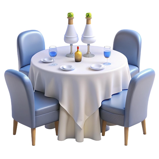 a table with a white tablecloth and blue chairs with a white tablecloth