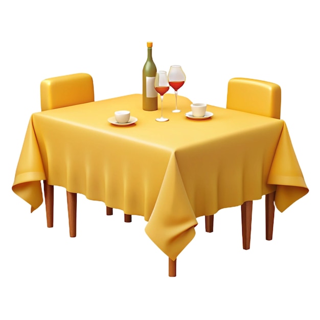 a table with a yellow tablecloth and two wine glasses on it