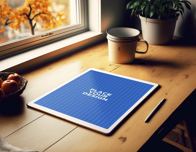 tablet gadget mockup on the table in the room