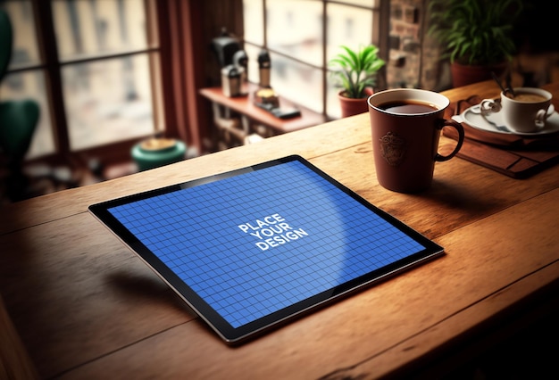 tablet gadget mockup on the table in the room