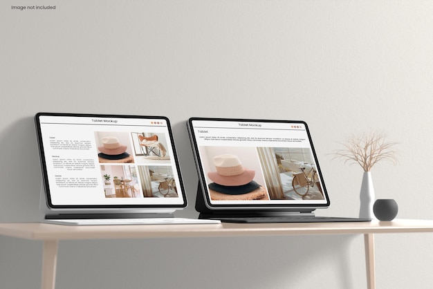 Tablet and keyboard screen mockups Perspective View on table