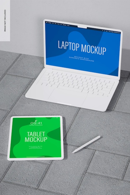 Tablet and Laptop with Concrete Background Mockup