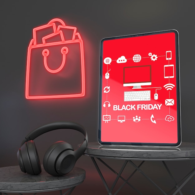 Tablet mock-up with neon lights and headphones