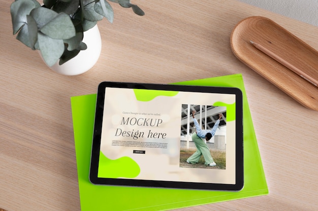 Tablet mock-up with wooden furniture scene