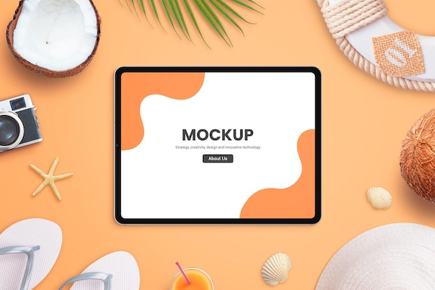 Tablet mockup on beach flat lay scene creator