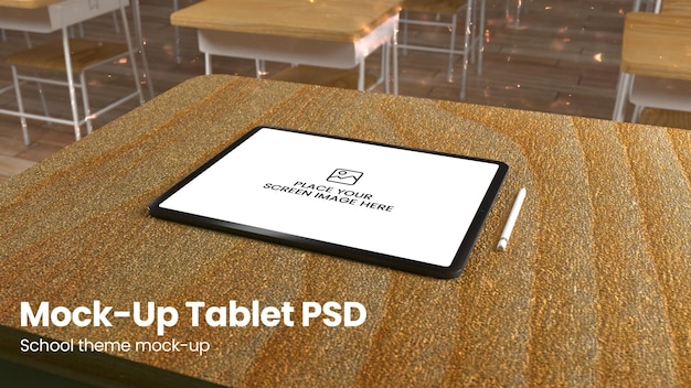 Tablet mockup on table top psd in the room school theme education