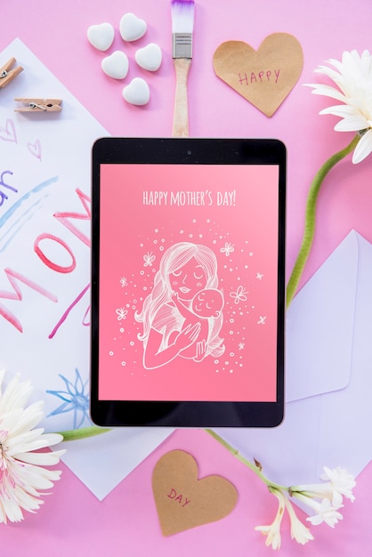 Tablet mockup with flat lay mothers day composition