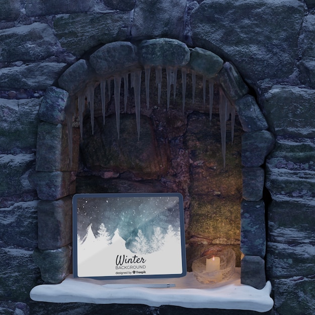 PSD tablet placed on fireplace mock-up