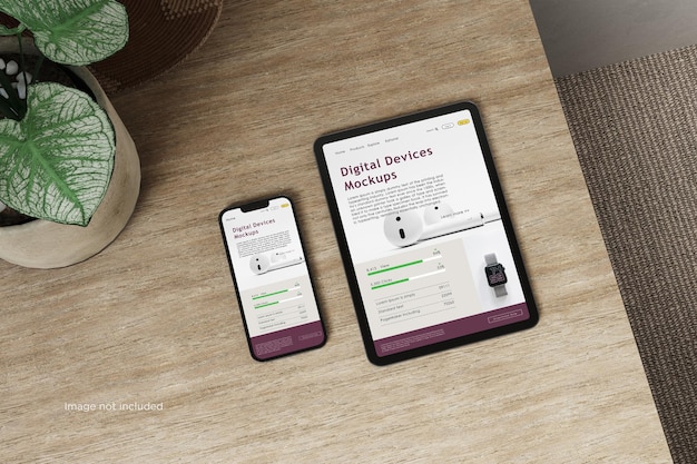 Tablet and smartphone mockups top view